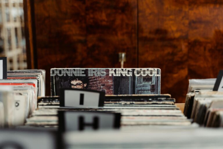 Explore a classic vinyl record collection in a vintage music store setting.